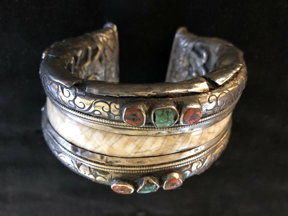 TIBETAN BONE CUFF WITH SILVER ENGRAVING, CORAL AND TURQUOISE