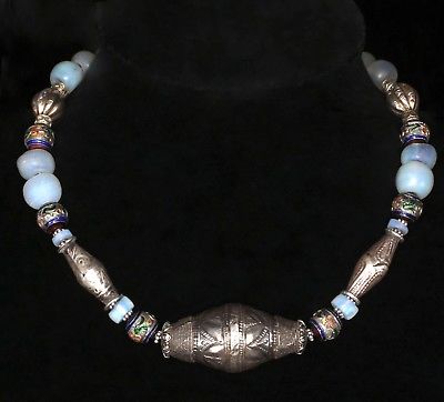 Antique Afghan, Antique Vintage Silver Enamel Engraved, & Moon Beads Necklace