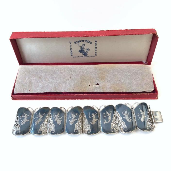 Siam Silver Sterling Butterfly Hinge Wide Panel Bracelet Antique Original Box