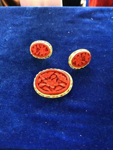 Vintage Chinese Sterling Silver Filigree Carved Cinnabar Flower Earrings And Pin