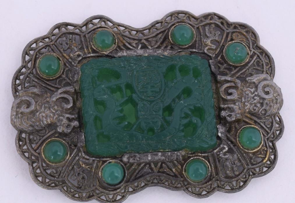Antique Chinese Export sterling Silver fine Pin Brooch carved Green glass signed