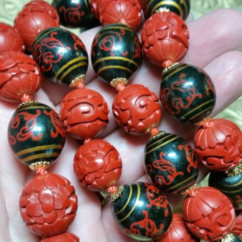 Vintage Antique Chinese Carved Lotus Red Cinnabar Bead 28