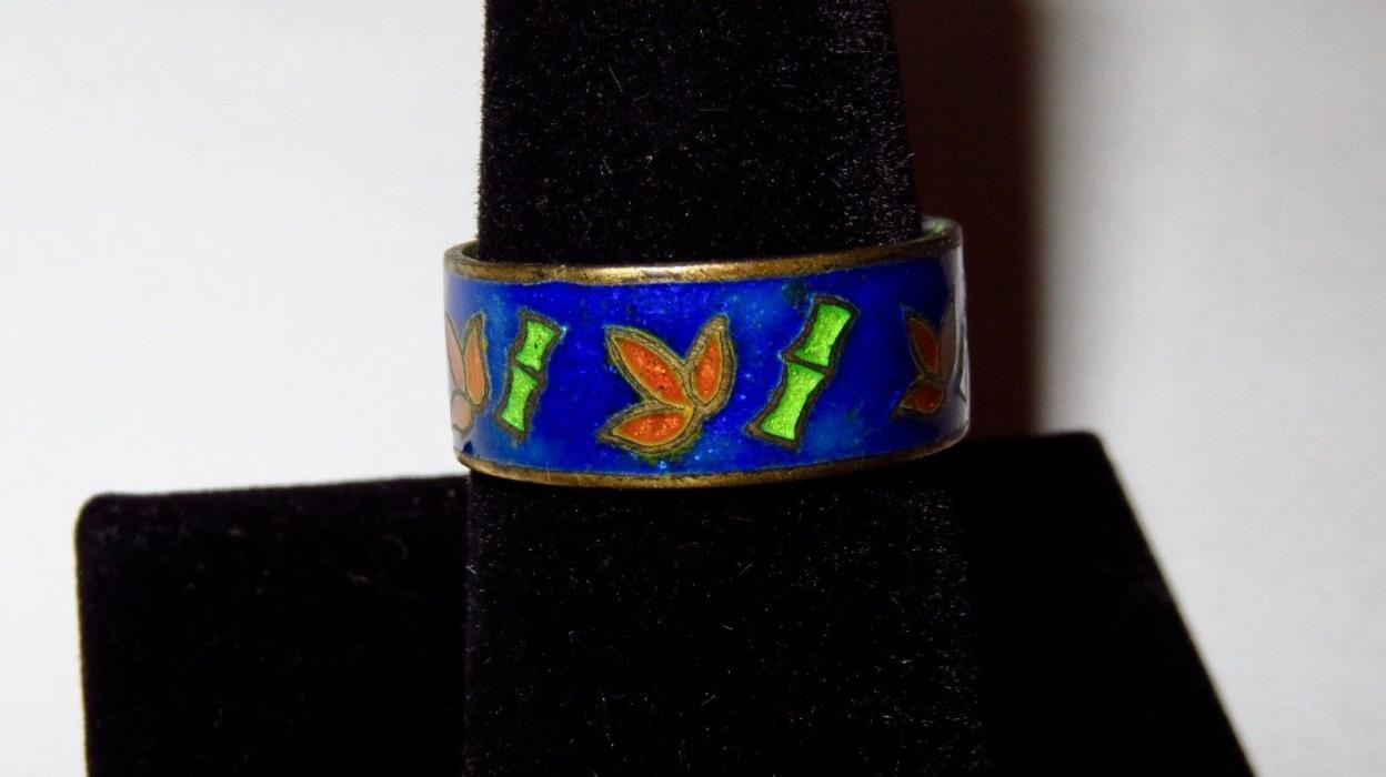 ANTIQUE CLOISONNÉ ENAMELED RING with BEAUTIFUL BAMBOO MOTIF  *Circa 1900  Size 9