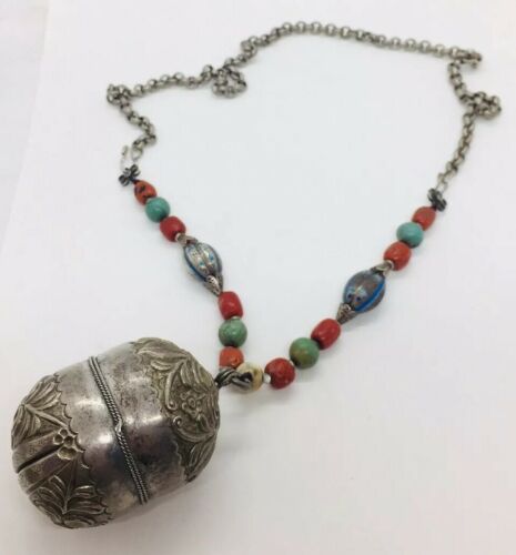 Chinese Antique Sterling Silver Coral & Turquoise Ornate Unusual Rattle Necklace