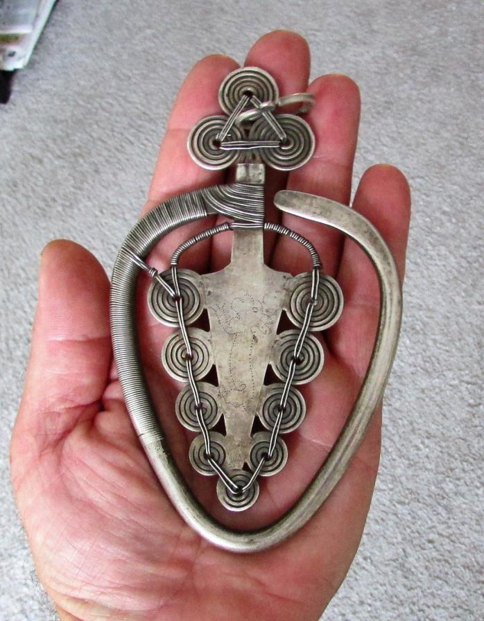 Antique Vintage Huge Silver Tribal Pendant HMONG Hill Spear Head -w- Rabbits !