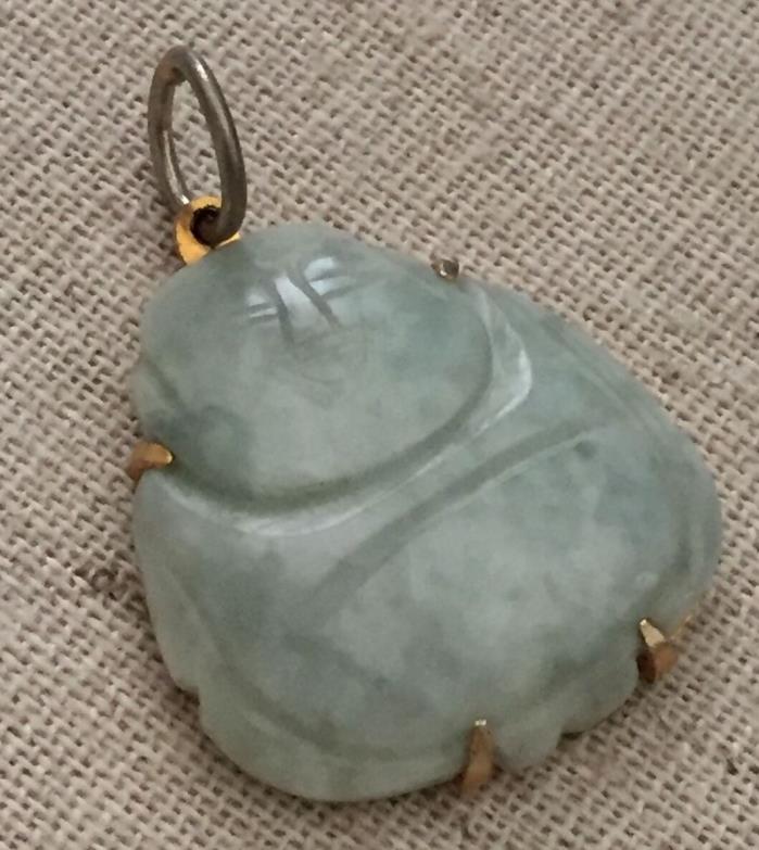 Vintage Gold Filled Pale Green Marbled Jade HAPPY BUDDHA Necklace Pendant