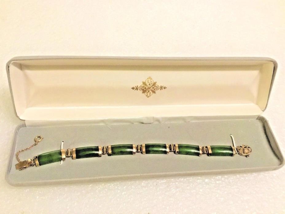 Vintage Chinese Export Jade and Gold Washed Silver Link Bracelet Estate Fresh