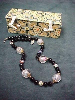 VINTAGE NECKLACE REVERSED HAND PAINTED GLASS CLOISONNE BLACK BEADS CHINESE CHINA