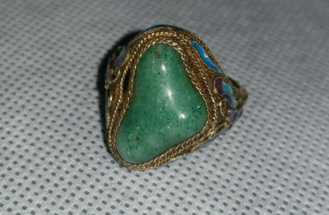 Antique Art Deco Chinese Export Enameled Silver JADE RING ~ Adjustable Size