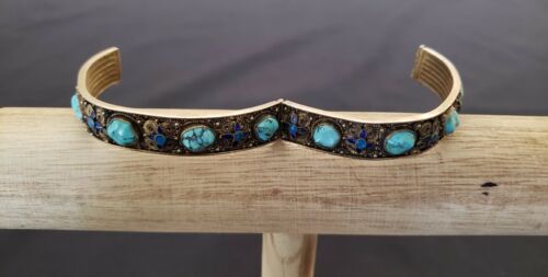 Antique Asian vermeil sterling silver enameled turquoise bangle bracelet