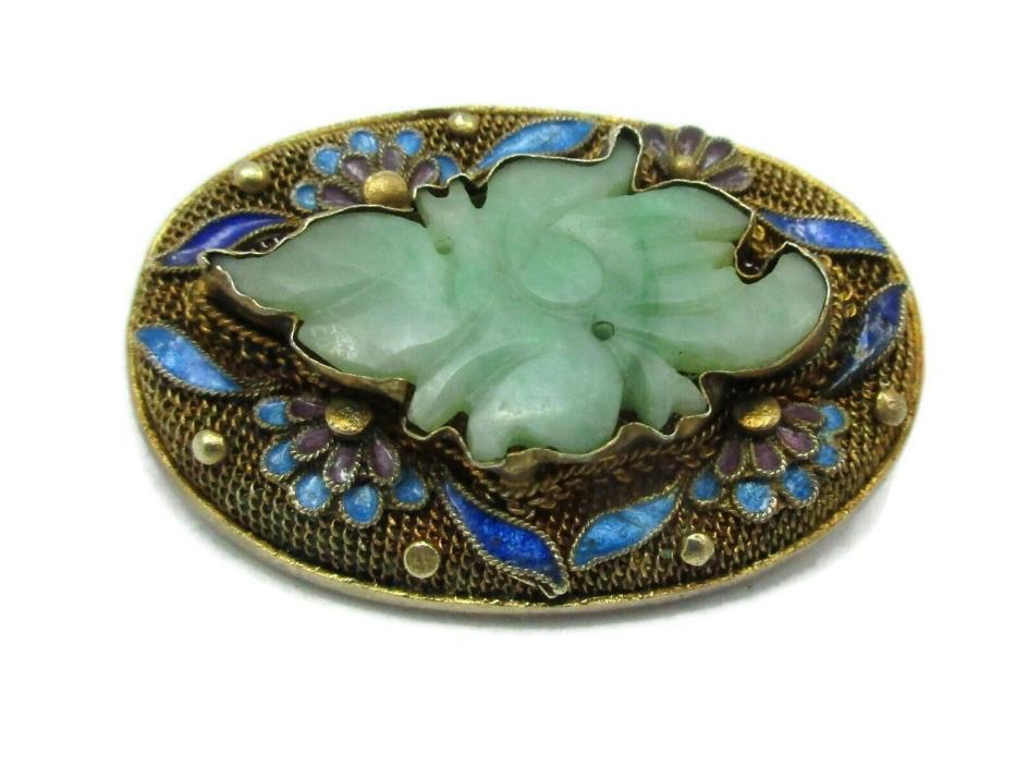 Antique Old Chinese Gilt Gold Silver Cloisonne Enamel Carved Green Jade Brooch