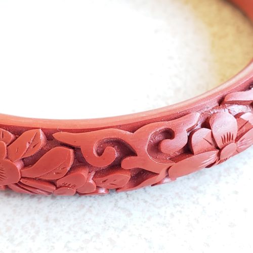 Vintage Cinnabar Bangle Bracelet Carved Floral Pattern