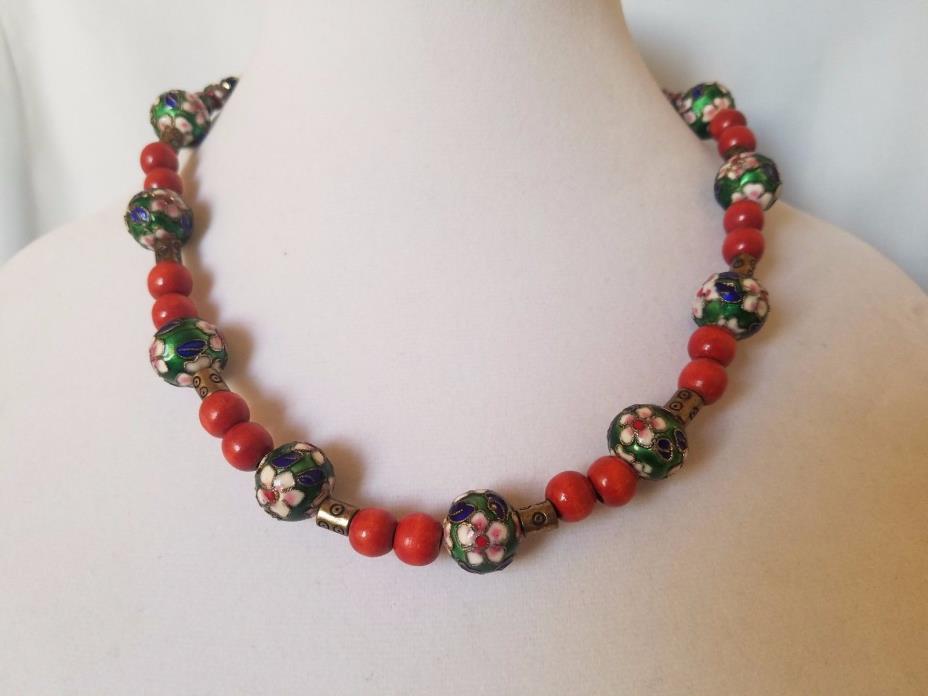 Vintage Chinese Green Cloisonne Flower bead Necklace