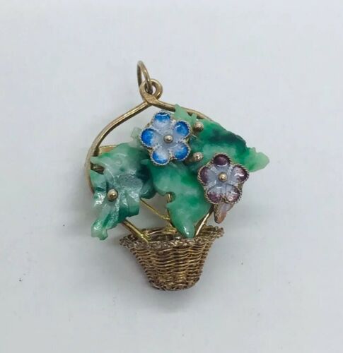 Chinese Vintage Sterling Silver Green Jade & Enamel Flower Basket Pin Pendant
