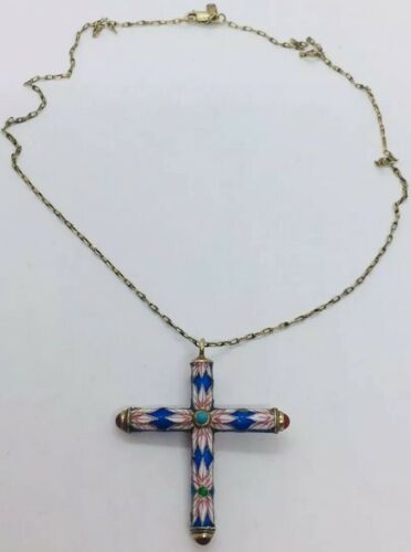 Chinese Antique Sterling Silver & Carnelian Enamel Cloisonne Cross Necklace