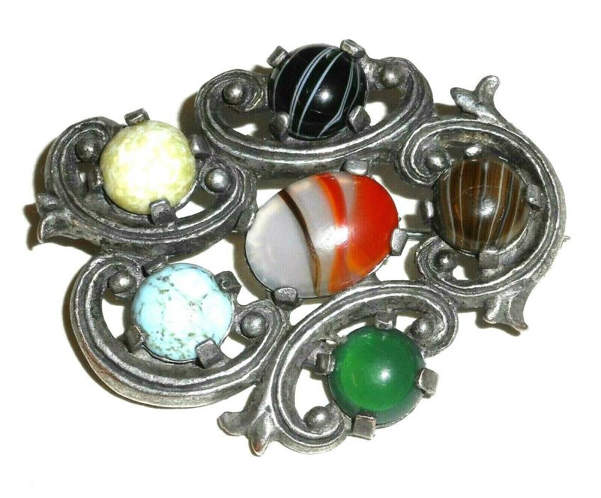 Vintage MIRACLE Scottish Celtic Costume Jewelry Brooch Pin Colored Stones