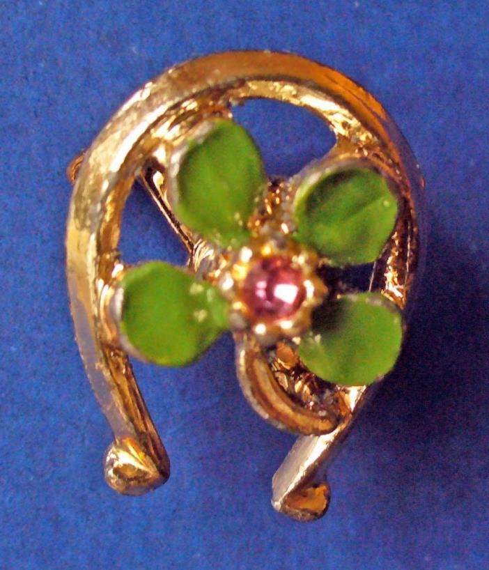 PIN St Patrick Vtg HORSESHOE 4 Leaf CLOVER Enamel Rhinestone Irish Holiday