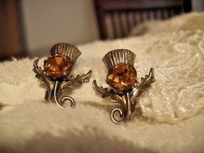Scottish Celtic Thistle With Topaz Colored Stone Screw Back Earrings WBS Silver