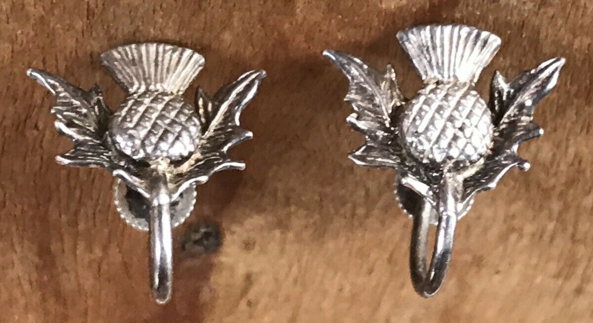 VINTAGE ANTIQUE SILVER SCOTTISH THISTLE EARRINGS SCREW-ON  VF+!