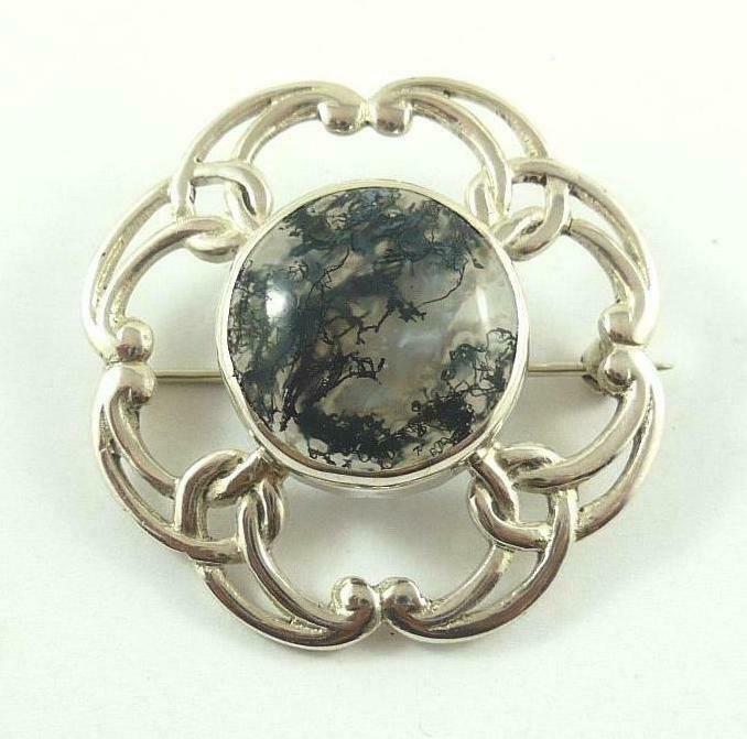 Vintage Sterling Silver & Moss Agate Scottish / Celtic Brooch or Pin