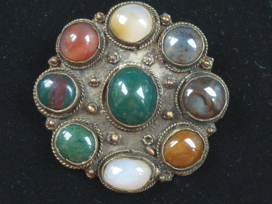 Antique Vintage Silver Agate Cabochon Stone Shield Celtic Scottish Brooch Pin