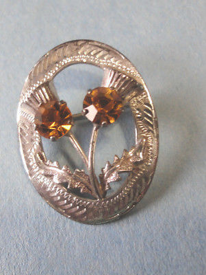 Thistle & Citrine SS Vintage Oval Embossed Celtic Brooch/Pin by WBS