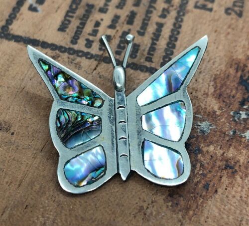 VINTAGE ABALONE BUTTERFLY BROOCH PIN STERLING SILVER 925 MEXICO