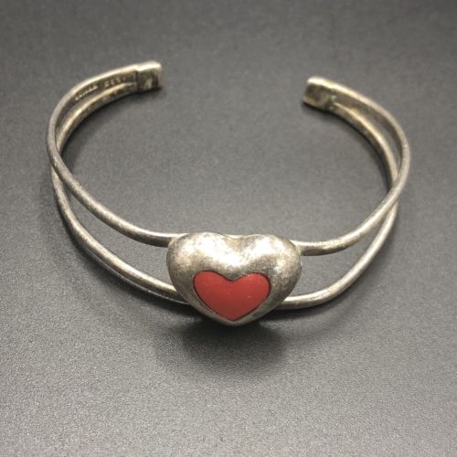 VTG STAMPED 925 MEXICO Heart Bracelet w/ BLOOD RED STONE Navajo Cuff One Size