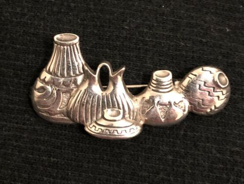 Vtg STC Sterling Silver Mexican Brooch Pin Clay Pottery Pots Design 2