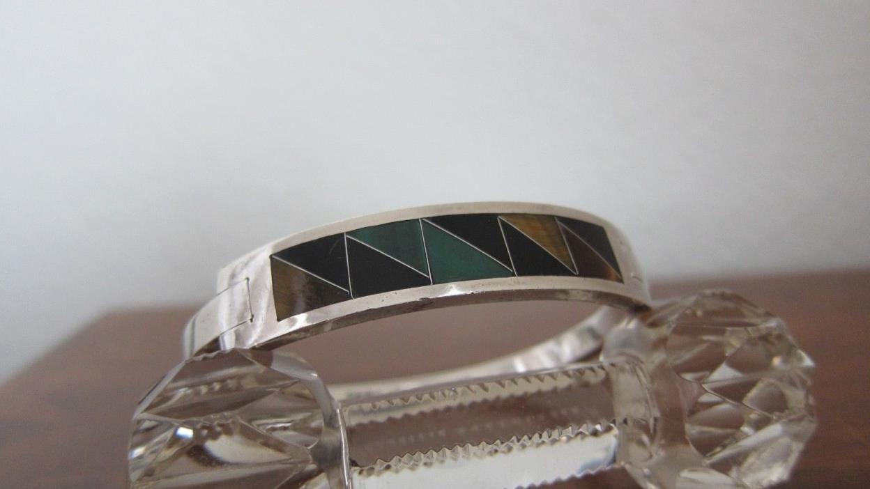 Vintage ~ Mexican Sterling Silver Green Multi color Onyx Design Bangle Bracelet~