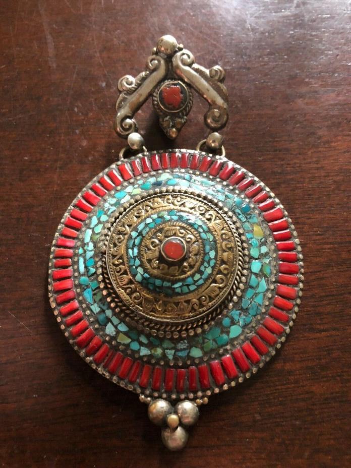 VINTAGE MEXICO SILVER MOST INTERESTING NECKLACE BROOCH HEAVILY SET WITH STONES