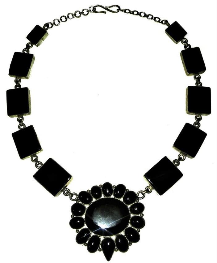 Vintage Mexican Sterling Silver Necklace Black Onyx Huge Natural Gemstones Wow!!