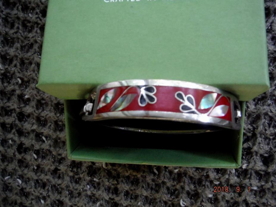 STERLING SILVER HINGED ENAMLED BRACELET WITH ABALONE INLAY...RED,BLACK & RAINBOW