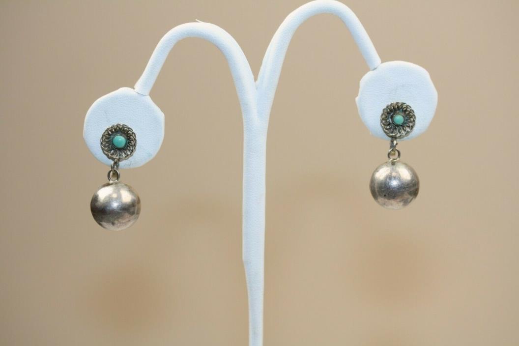 Vintage Signed JC Sterling 925 Mexico Screw Back Ball Earrings Turquoise