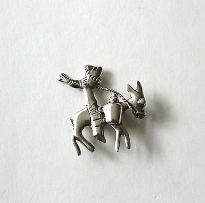 Vintage Mexican Marked Sterling Silver Turquoise Donkey Burro Man Pin Brooch