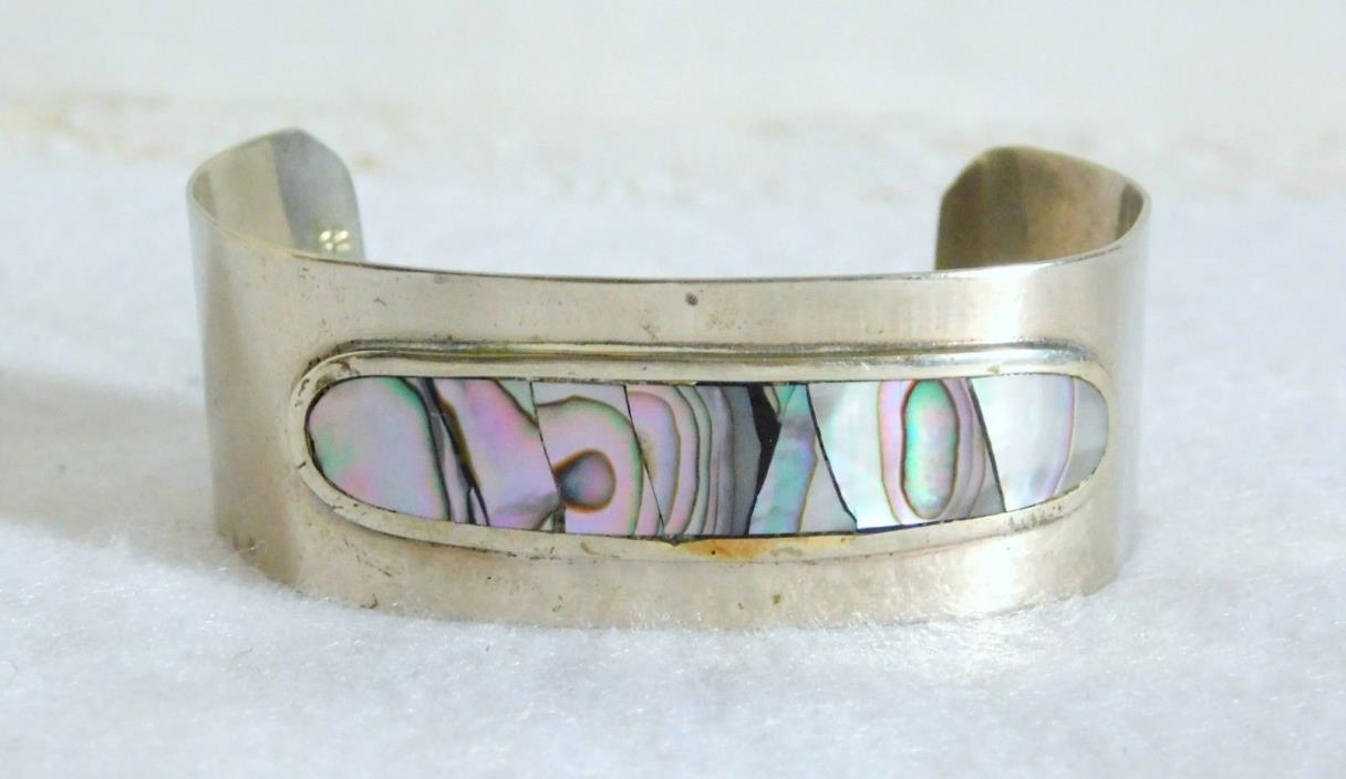 Sweet Vintage Alpaca Mexico 925 Sterling Abalone Inlay Cuff Bracelet