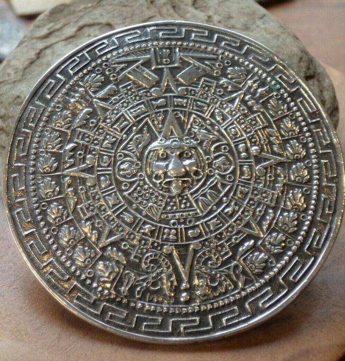 Vintage Mexico Sterling Silver Aztec Calendar Large Brooch Pin Pendant