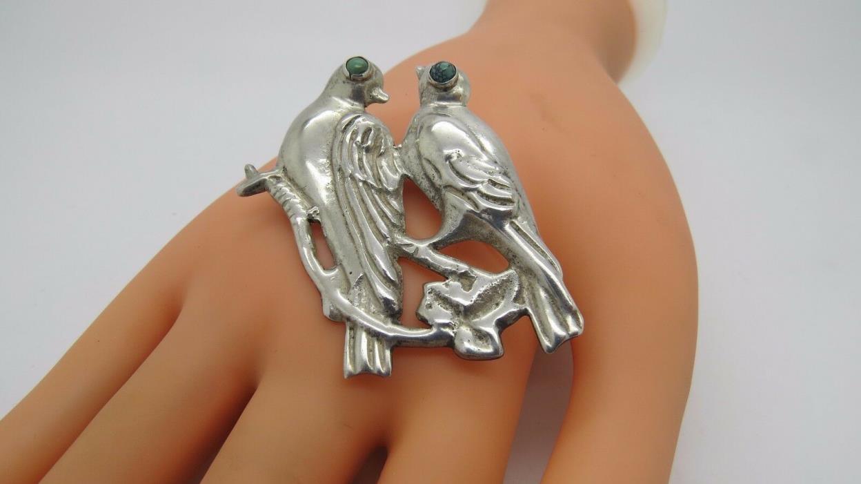 Vintage 925 Sterling Silver Mexico Love Bird Turquoise Eye Pin/Brooch    U1692