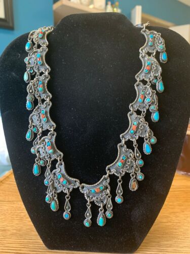 Vintage Mexico Estate Necklace Sterling Silver Turquoise & Coral Hanging Tassels