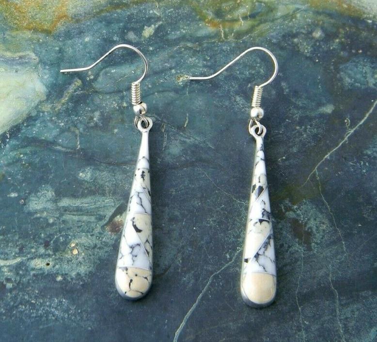 Mexican Earrings Silvertone Vintage Drop White Beige Dalmation Stone Inlays W58
