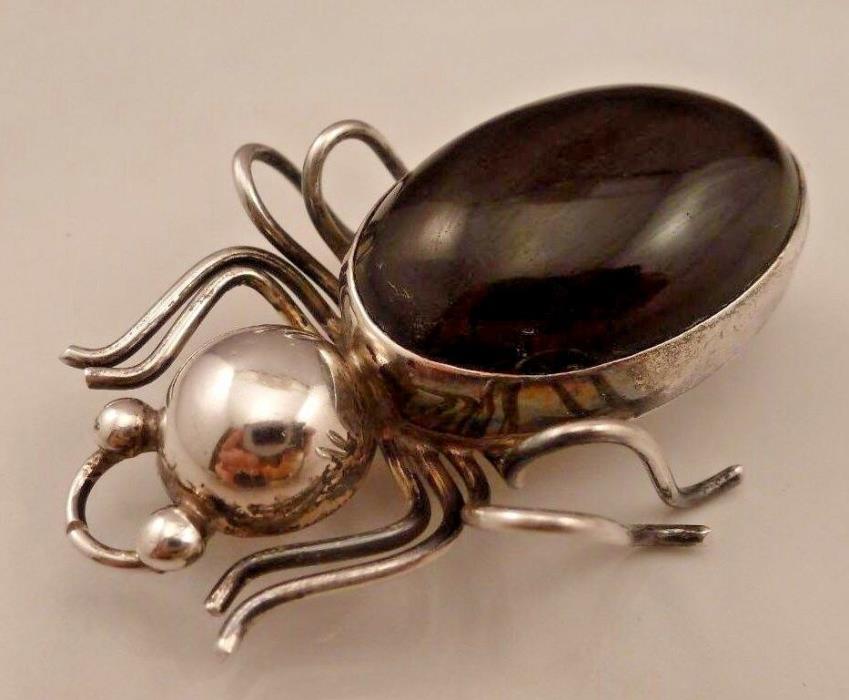 Vintage Obsidian Stone Spider Sterling Pin Brooch Mexican by Iguala EML