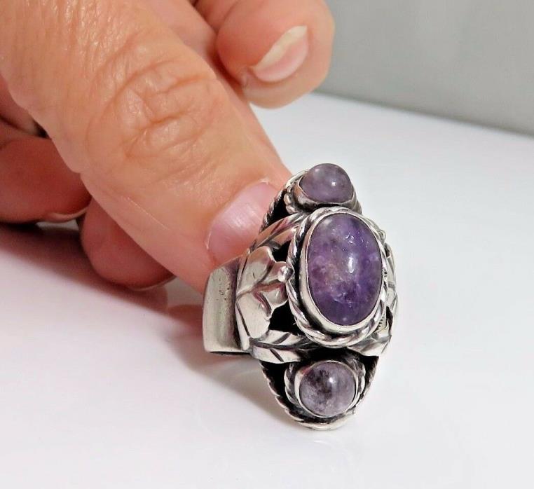 Vintage Signed Mexico Mexican Sterling Silver 3 Amethyst Poison Ring Adjustable