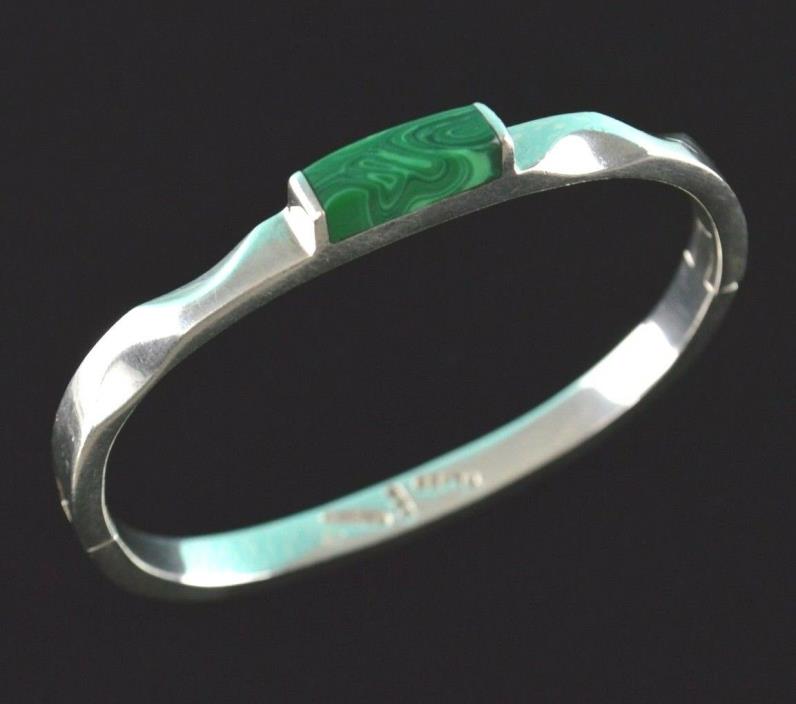 Womens Sterling Silver Green Malachite Bangle Bracelet Latch Hook Taxco 33.35 G