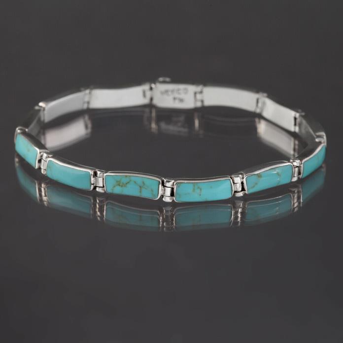 VINTAGE MEXICO LINK BRACELET MEXICAN 950 FINE STERLING SILVER TURQUOISE JEWELRY