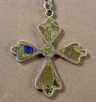 Vintage Mexican Sterling Blue Green Stone Inlay Cross Pendant w/ 18