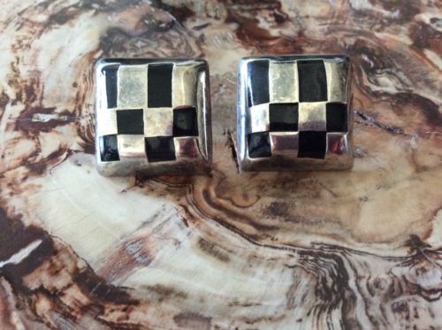 Taxco Sterling Silver Black Onyx Inlay Earrings