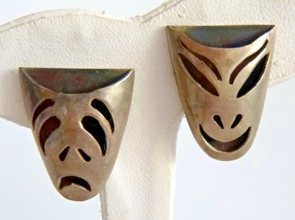 Vintage Sterling Silver 'Mask' Earrings Happy & Sad Faces Signed Screw-Back