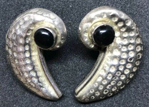 Vtg 1970s 80s TAXCO Mexico STERLING Silver 925 ONYX Pierces EARRINGS Two Trees