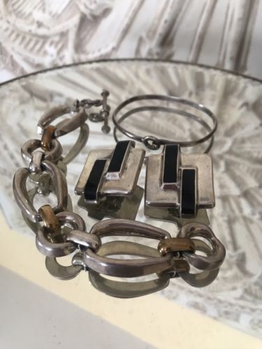 Sterling Silver Mexican Lot Bracelets & Earrings 98 Grams