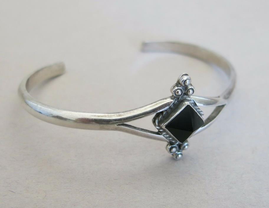 Sterling Silver Taxco Cuff Bracelet Black Onyx TR-106 Mexico 18.3g [2189]